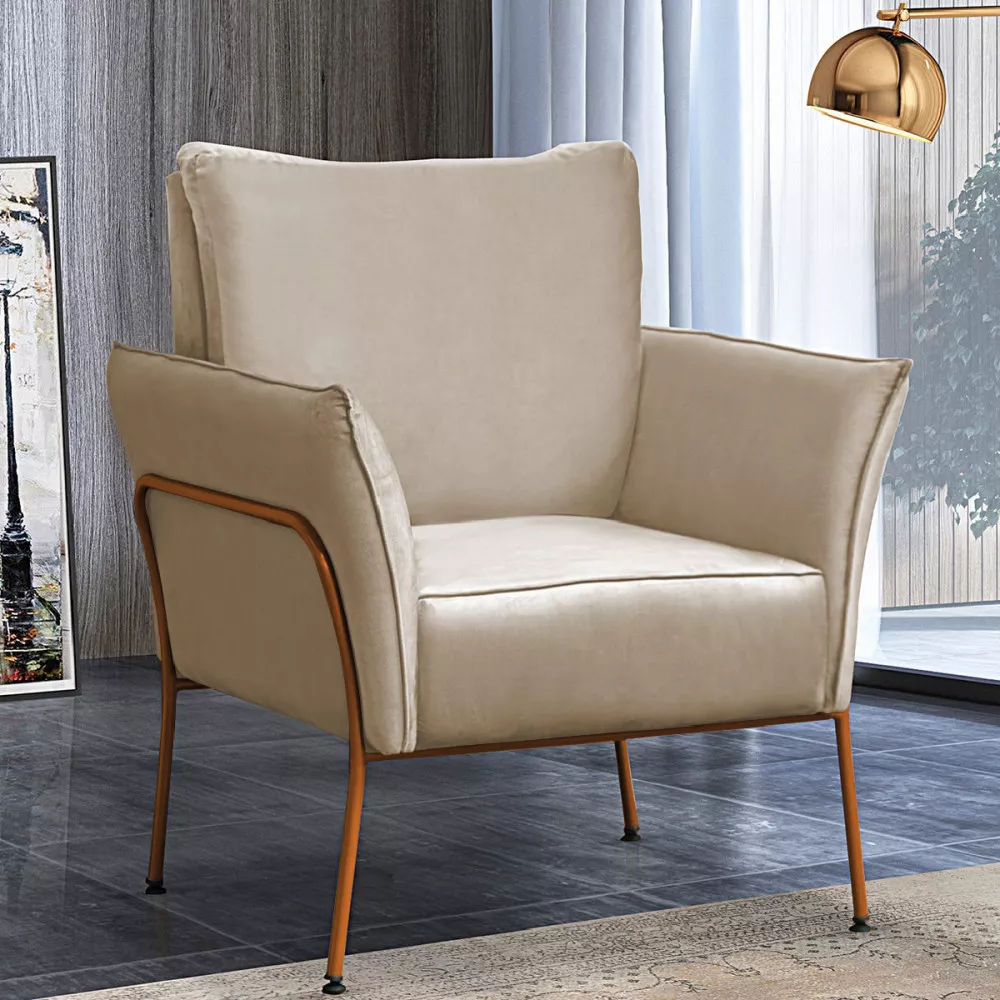 Image 1 of 7 of Kit 2 Poltronas Decorativas Para Sala, Recepção Lotus Suede Bege Com Base Bronze Speciale Home