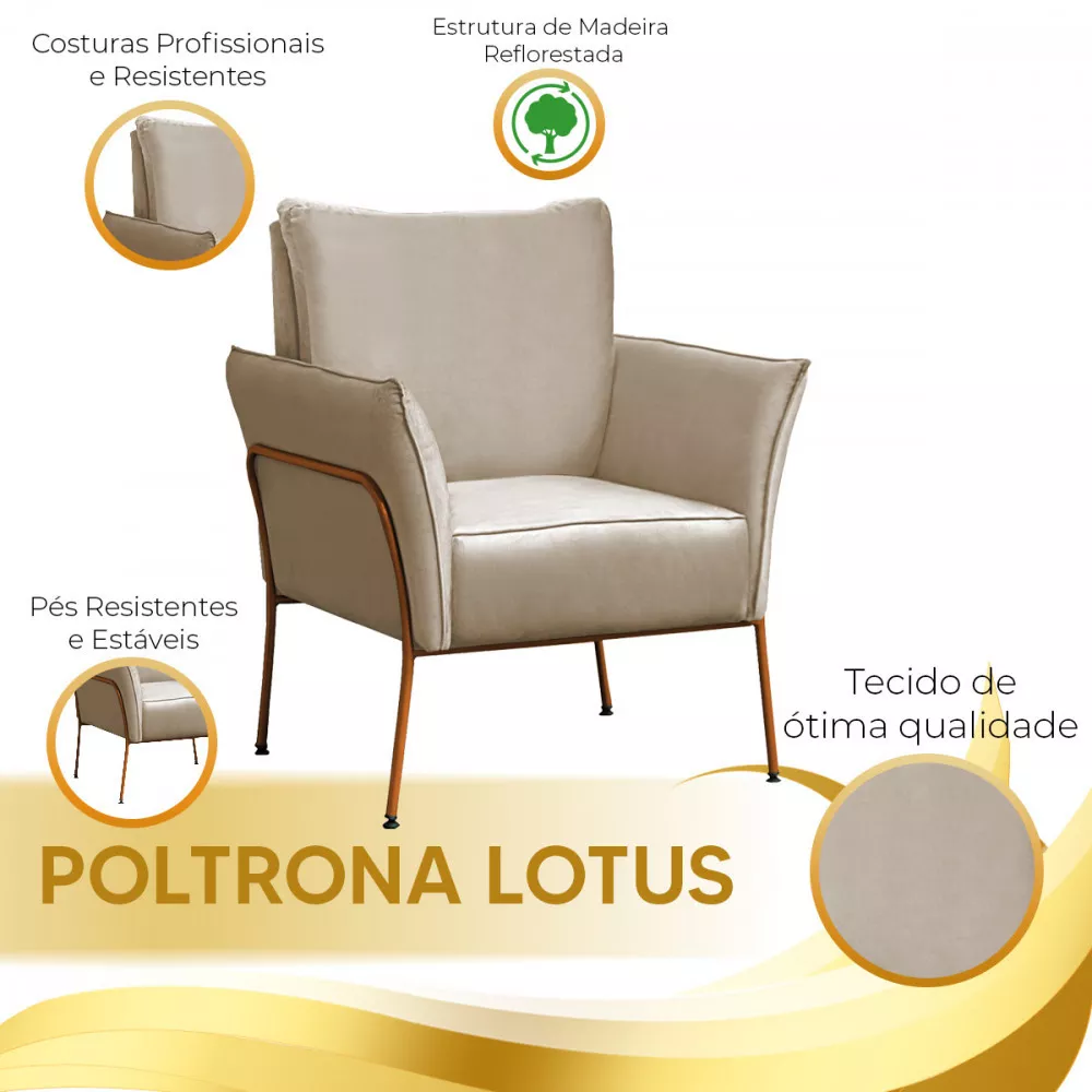 Image 6 of 7 of Kit 2 Poltronas Decorativas Para Sala, Recepção Lotus Suede Bege Com Base Bronze Speciale Home