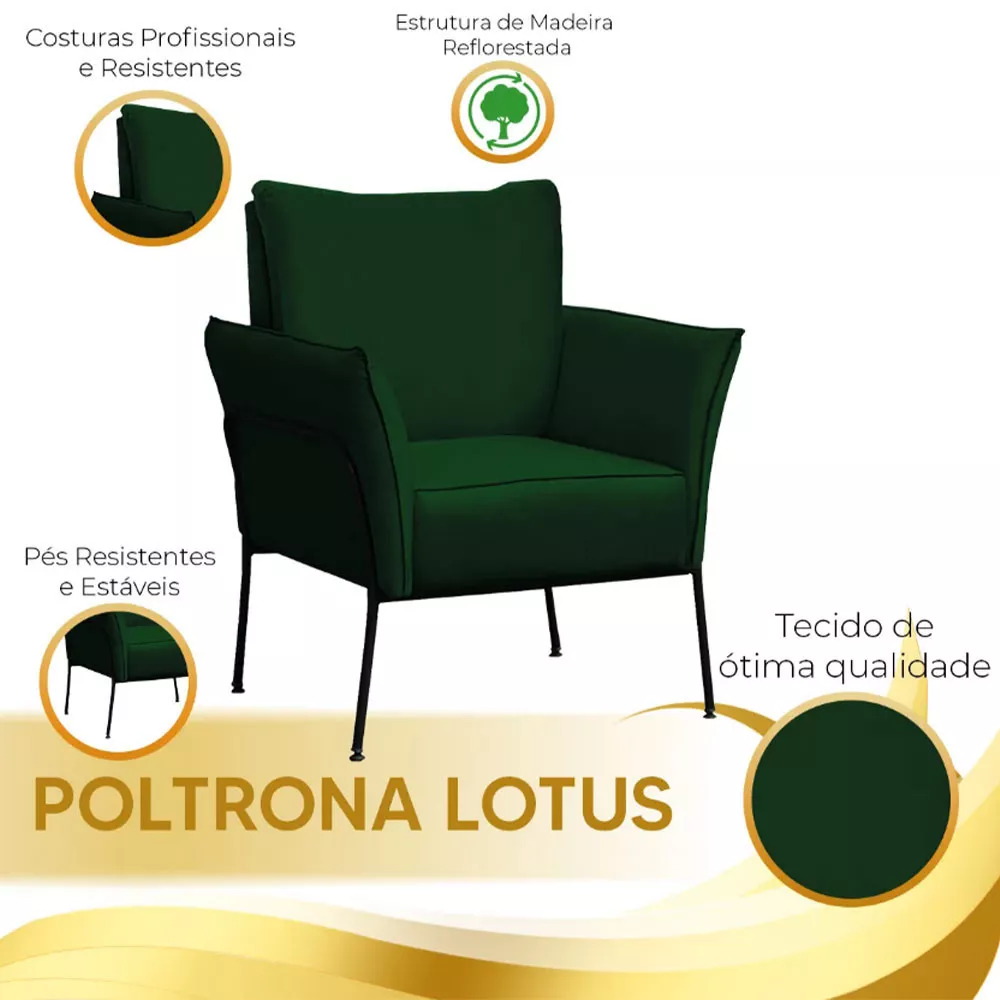 Image 6 of 7 of Kit 2 Poltronas Decorativas Para Sala Recepção Lotus Suede Verde Com Base Preta Speciale Home