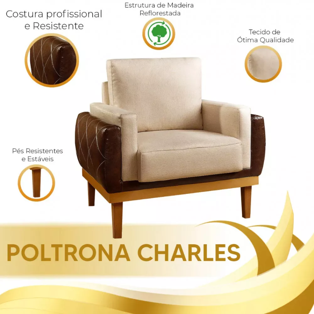 Image 6 of 7 of Poltrona Compose Charles Linho Capuccino Com Corano Marrom Speciale Home