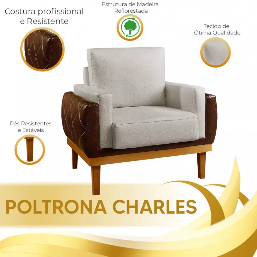 Image 7 of 8 of Poltrona Compose Charles Linho Carvalho Com Corano Marrom Speciale Home