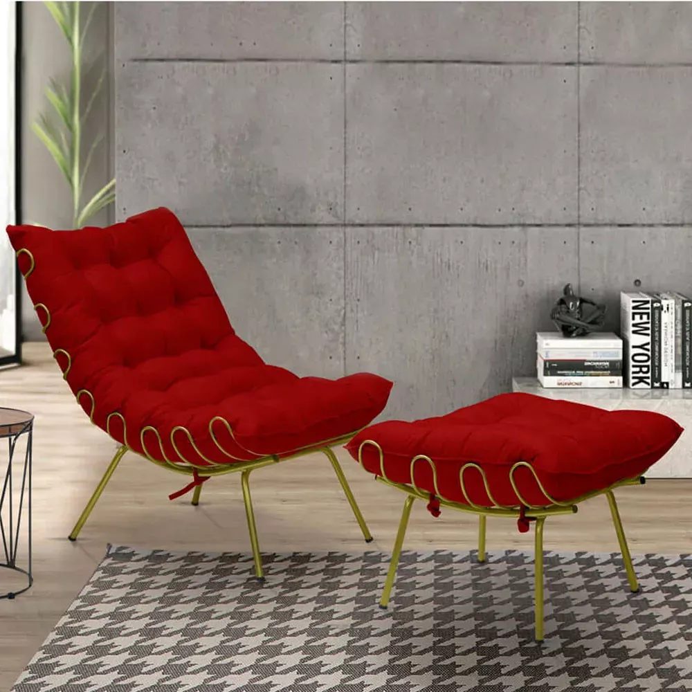 Image 1 of 6 of Poltrona Decorativa Adão Veludo B Dourada com Puff F