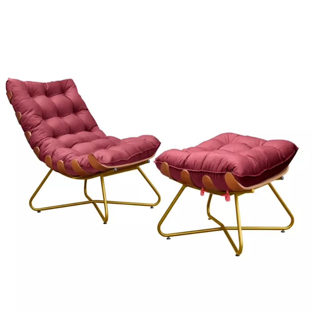 Image 0 of 6 of Poltrona Decorativa Eva Base Dourado Veludo Bordo Com Puff M Speciale Home