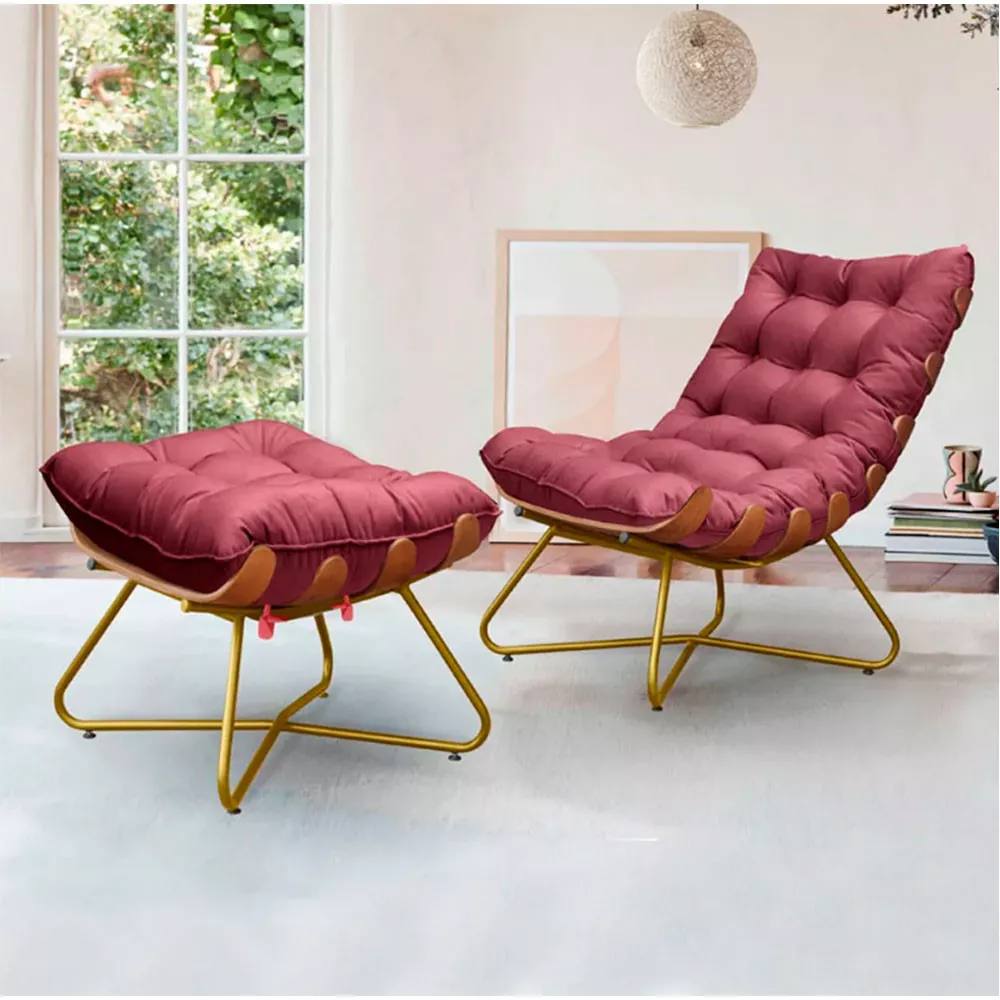 Image 3 of 6 of Poltrona Decorativa Eva Base Dourado Veludo Bordo Com Puff M Speciale Home
