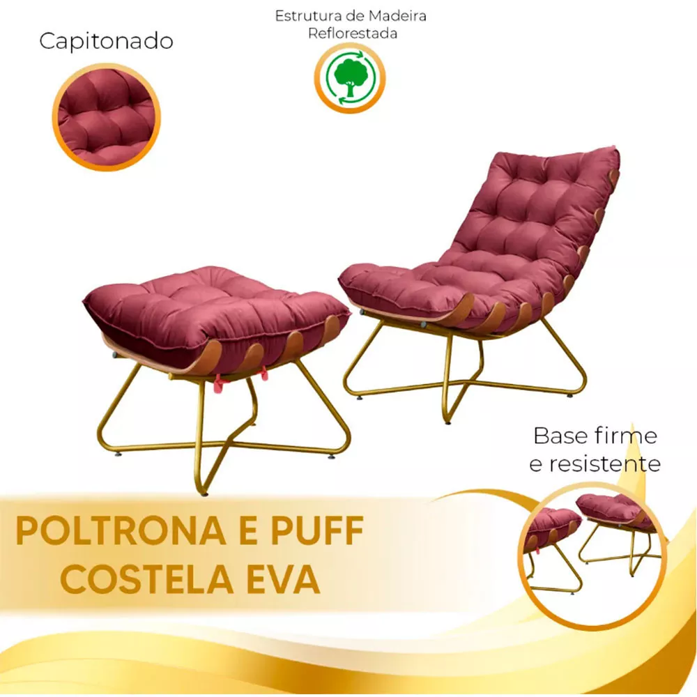 Image 5 of 6 of Poltrona Decorativa Eva Base Dourado Veludo Bordo Com Puff M Speciale Home