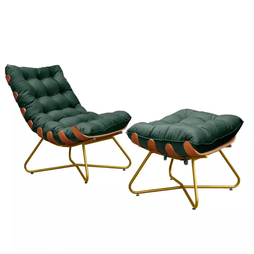 Image 0 of 6 of Poltrona Decorativa Eva Base Dourado Veludo Verde Com Puff M Speciale Home