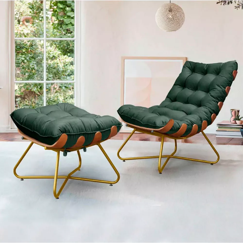 Image 3 of 6 of Poltrona Decorativa Eva Base Dourado Veludo Verde Com Puff M Speciale Home