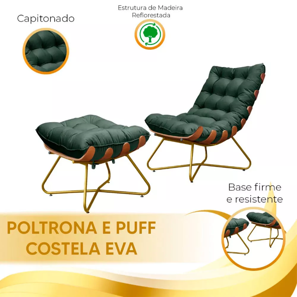 Image 5 of 6 of Poltrona Decorativa Eva Base Dourado Veludo Verde Com Puff M Speciale Home