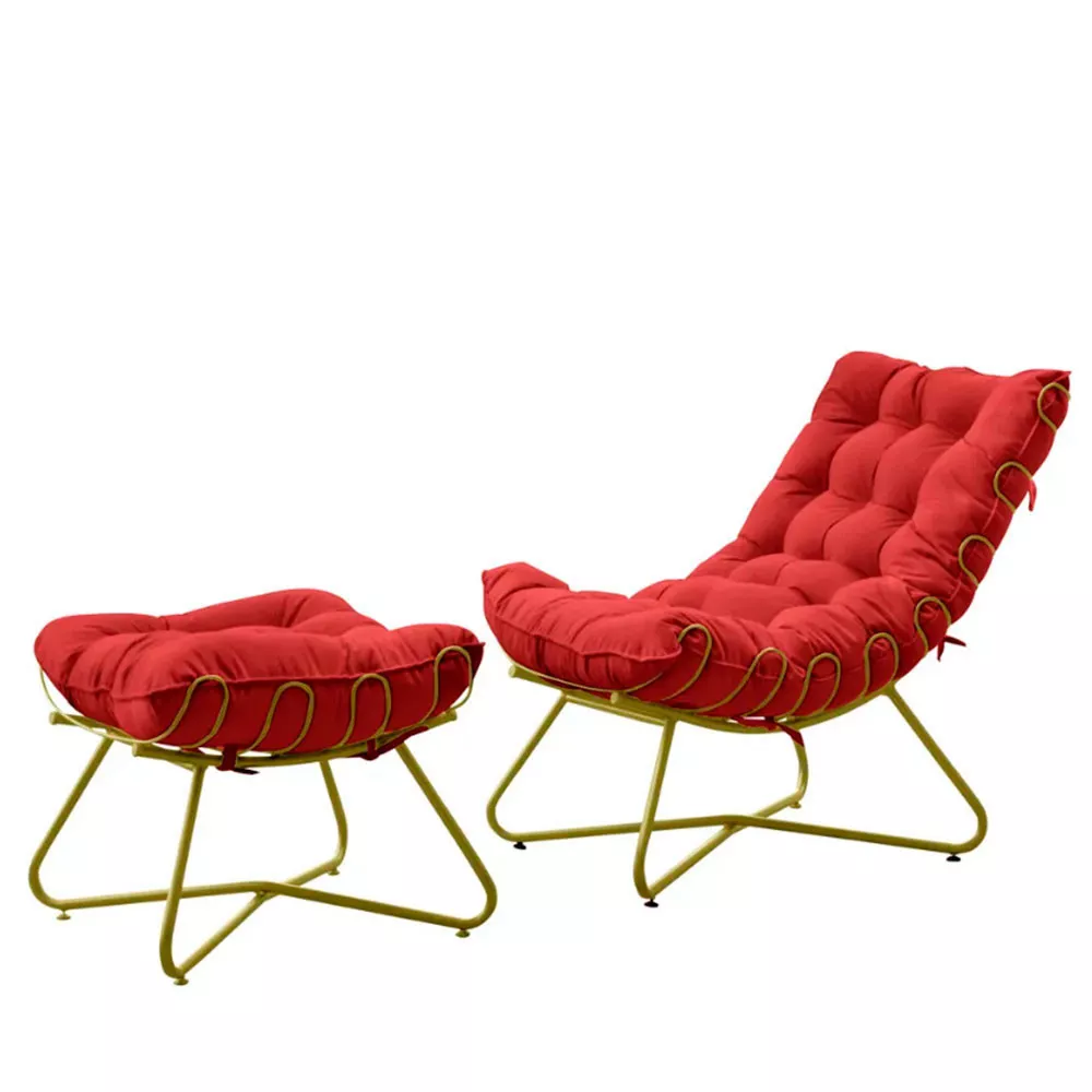 Image 0 of 6 of Poltrona Decorativa Eva Base Dourado Veludo Vermelho Com Puff F Speciale Home
