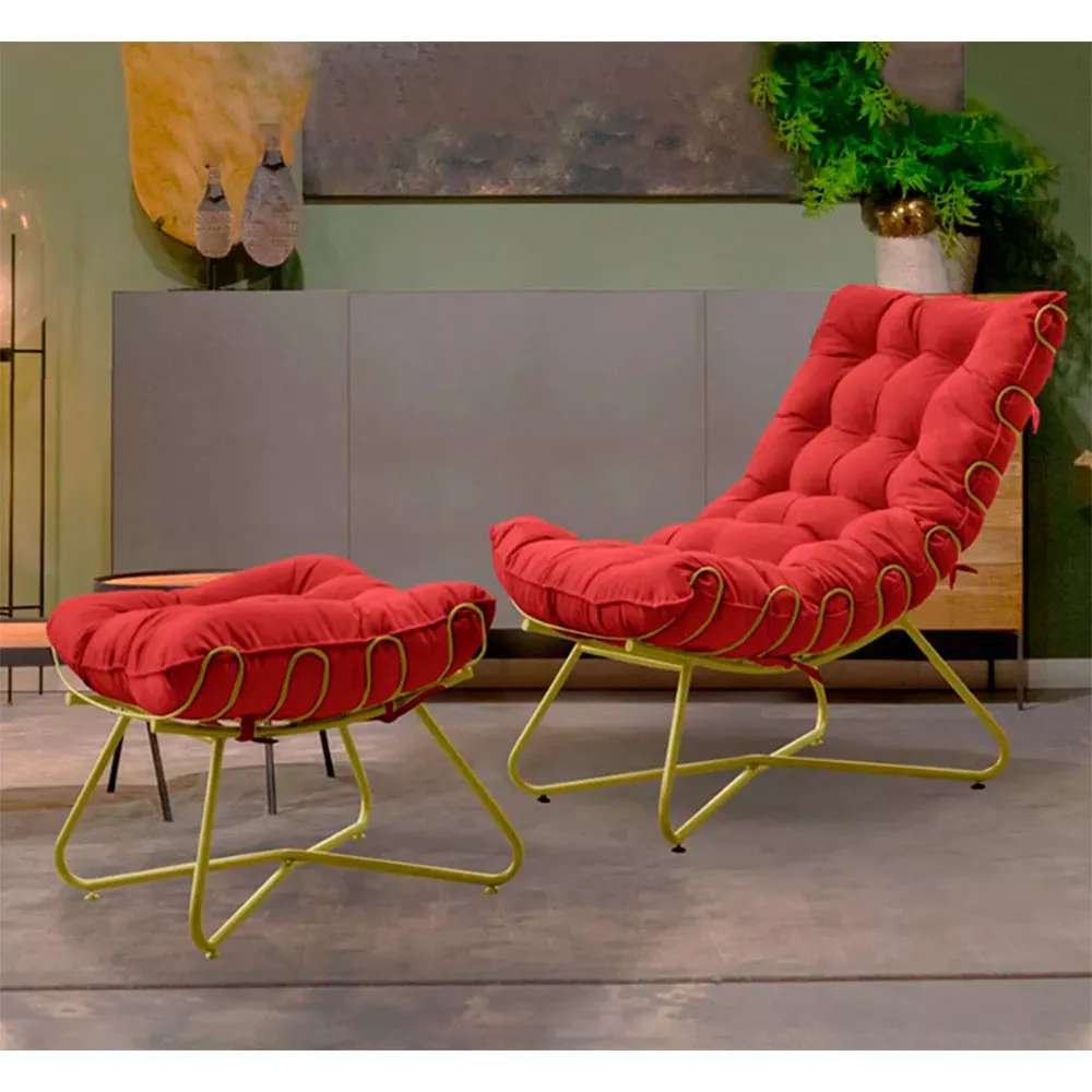 Image 3 of 6 of Poltrona Decorativa Eva Base Dourado Veludo Vermelho Com Puff F Speciale Home