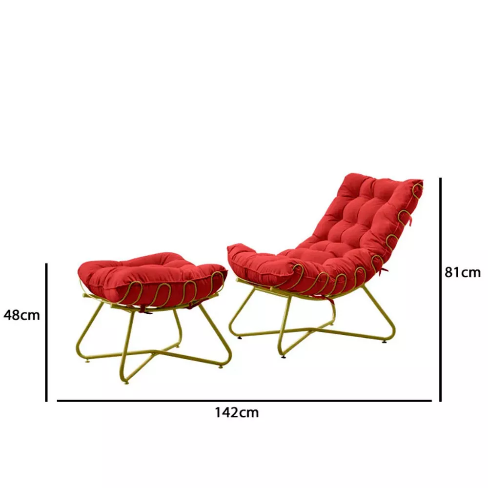 Image 4 of 6 of Poltrona Decorativa Eva Base Dourado Veludo Vermelho Com Puff F Speciale Home