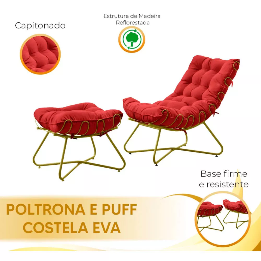 Image 5 of 6 of Poltrona Decorativa Eva Base Dourado Veludo Vermelho Com Puff F Speciale Home
