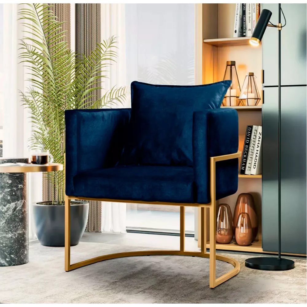 Image 1 of 7 of Poltrona Decorativa Luna Base Metal Dourado Veludo Speciale Home