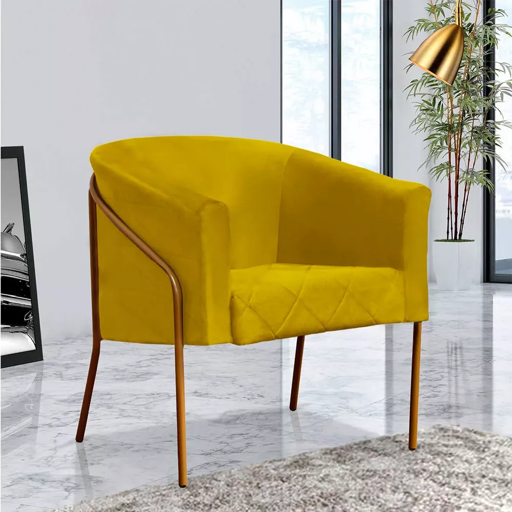 Image 1 of 5 of Poltrona Decorativa Itália para Sala Recepção em Suede Amarelo com Base Dourada Speciale Home