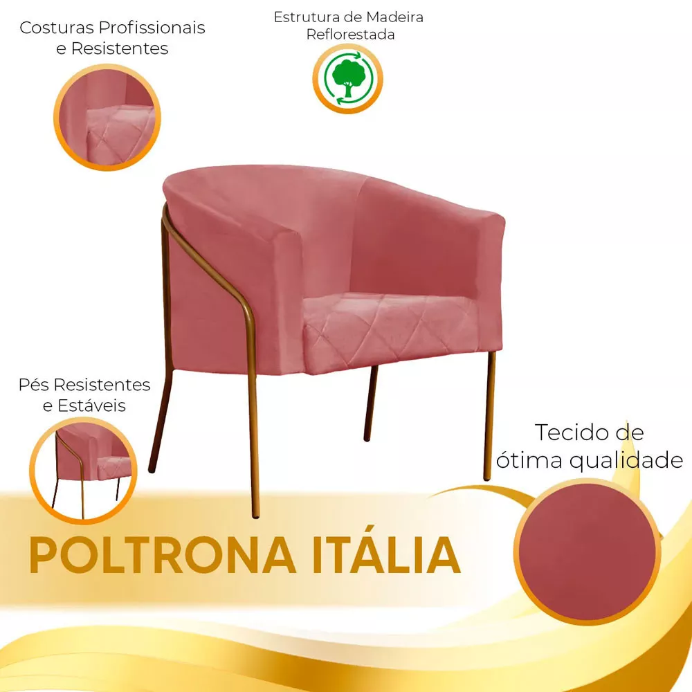 Image 4 of 5 of Poltrona Decorativa Itália para Sala Recepção em Suede Rosê com Base Dourada Speciale Home