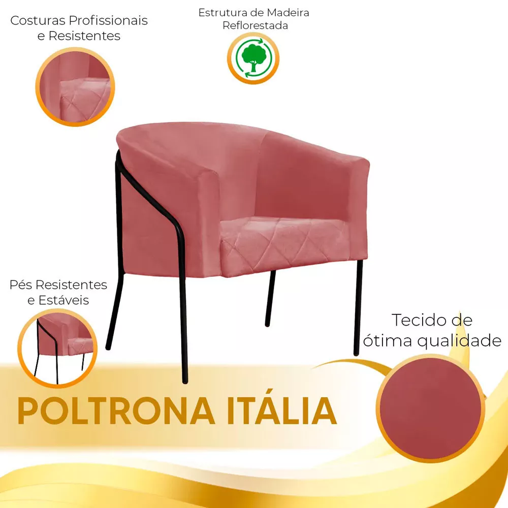 Image 4 of 5 of Poltrona Decorativa Itália para Sala Recepção em Suede Rosê com Base Preta Speciale Home