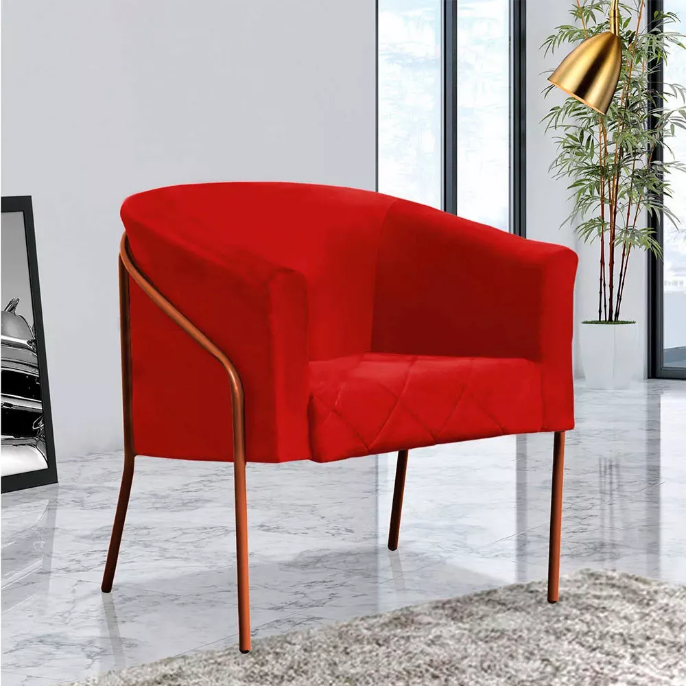 Image 1 of 5 of Poltrona Decorativa Itália em Suede Vermelho com Base Bronze Speciale Home