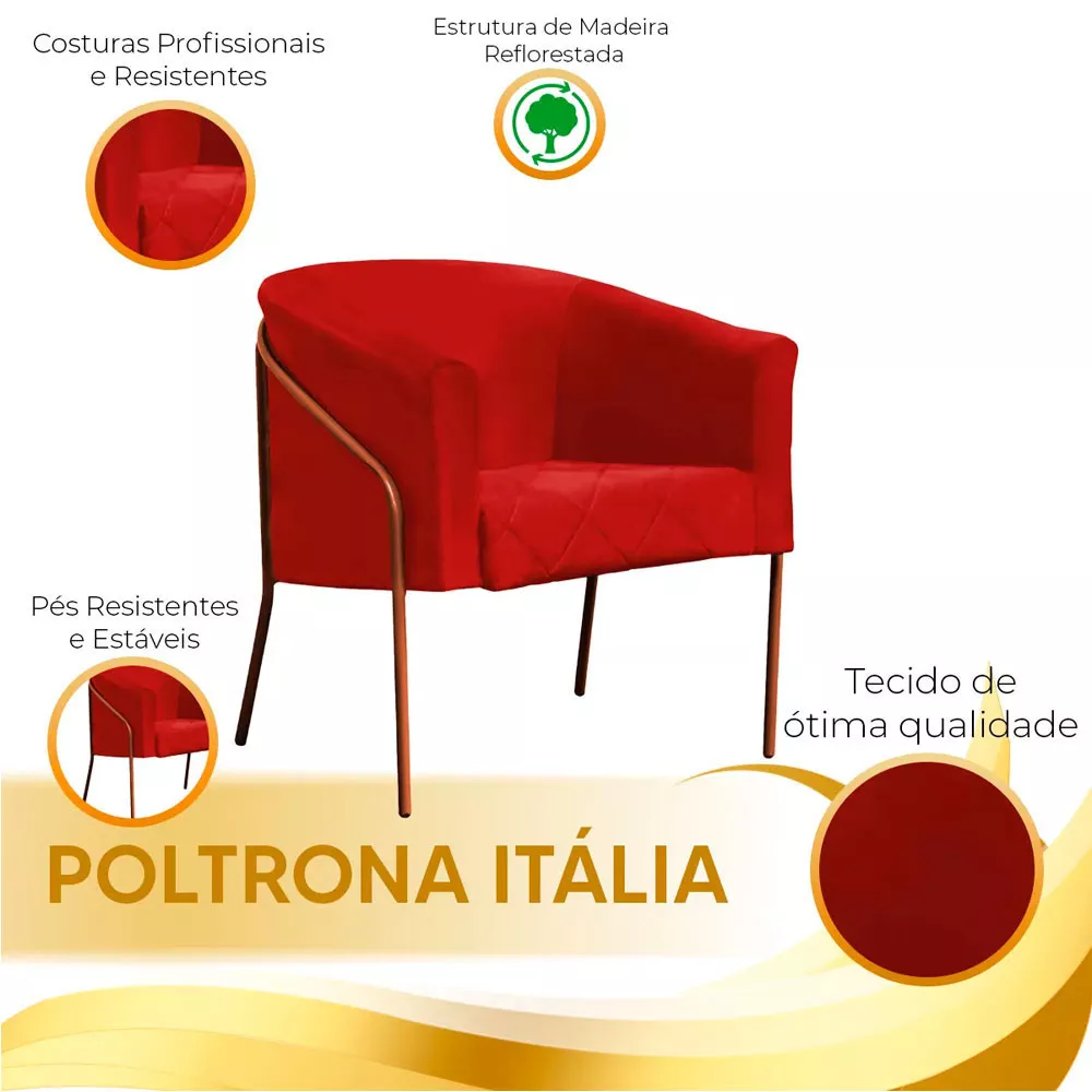 Image 4 of 5 of Poltrona Decorativa Itália em Suede Vermelho com Base Bronze Speciale Home