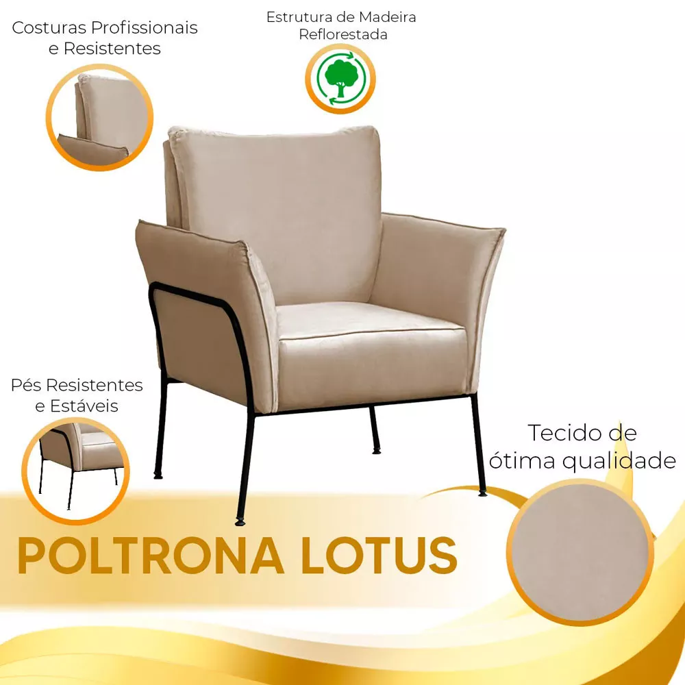 Image 5 of 6 of Poltrona Decorativa Lotus para Sala Recepção em Suede Bege com Base Preta Speciale Home