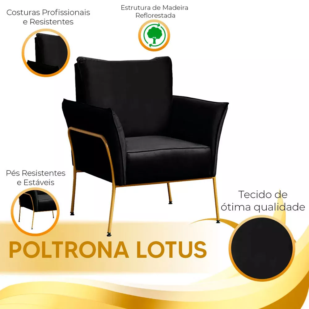 Image 5 of 6 of Poltrona Decorativa Lotus para Sala Recepção em Suede Preto com Base Dourada Speciale Home