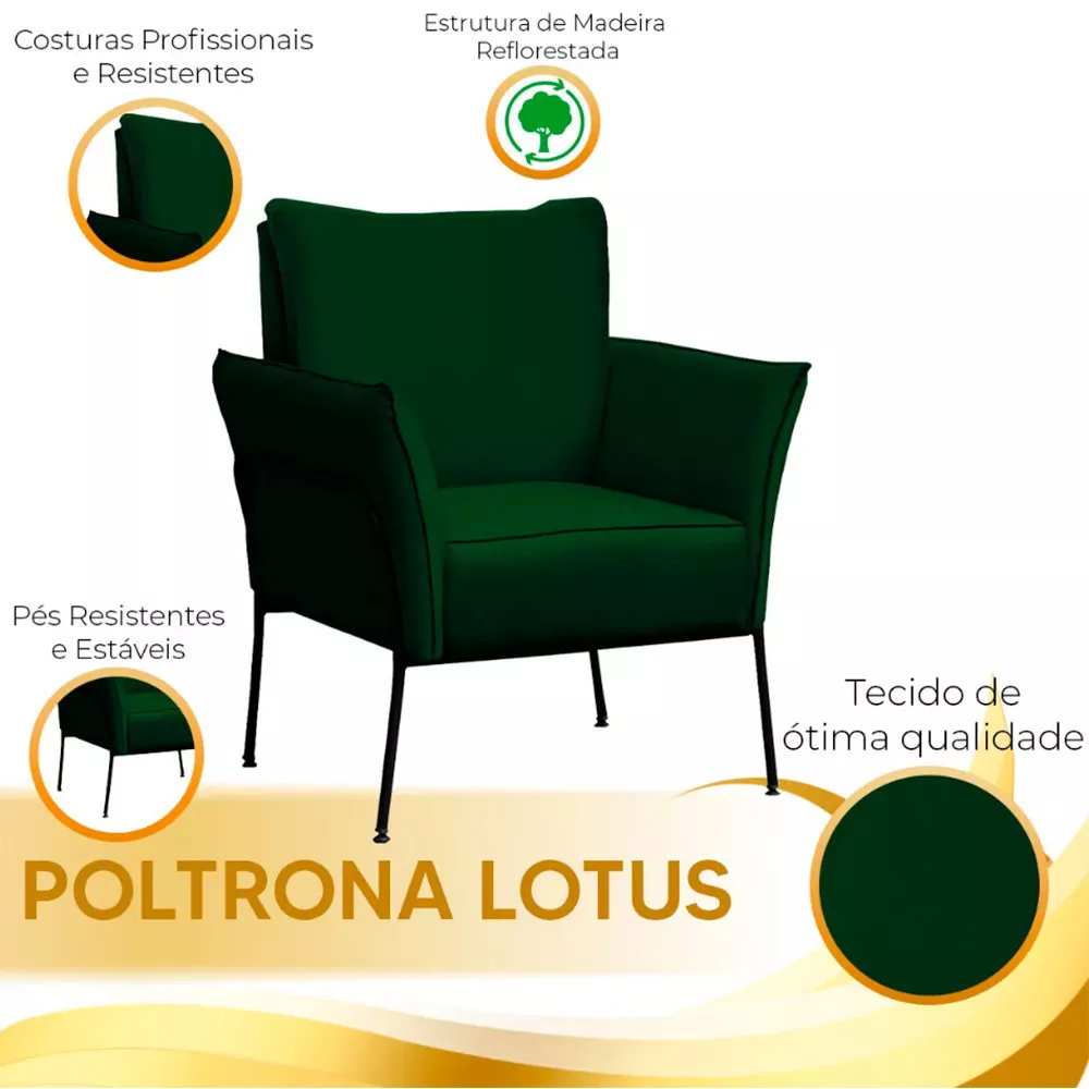 Image 5 of 6 of Poltrona Decorativa para Sala Recepção Lotus Suede Verde com Base Preta Speciale Home