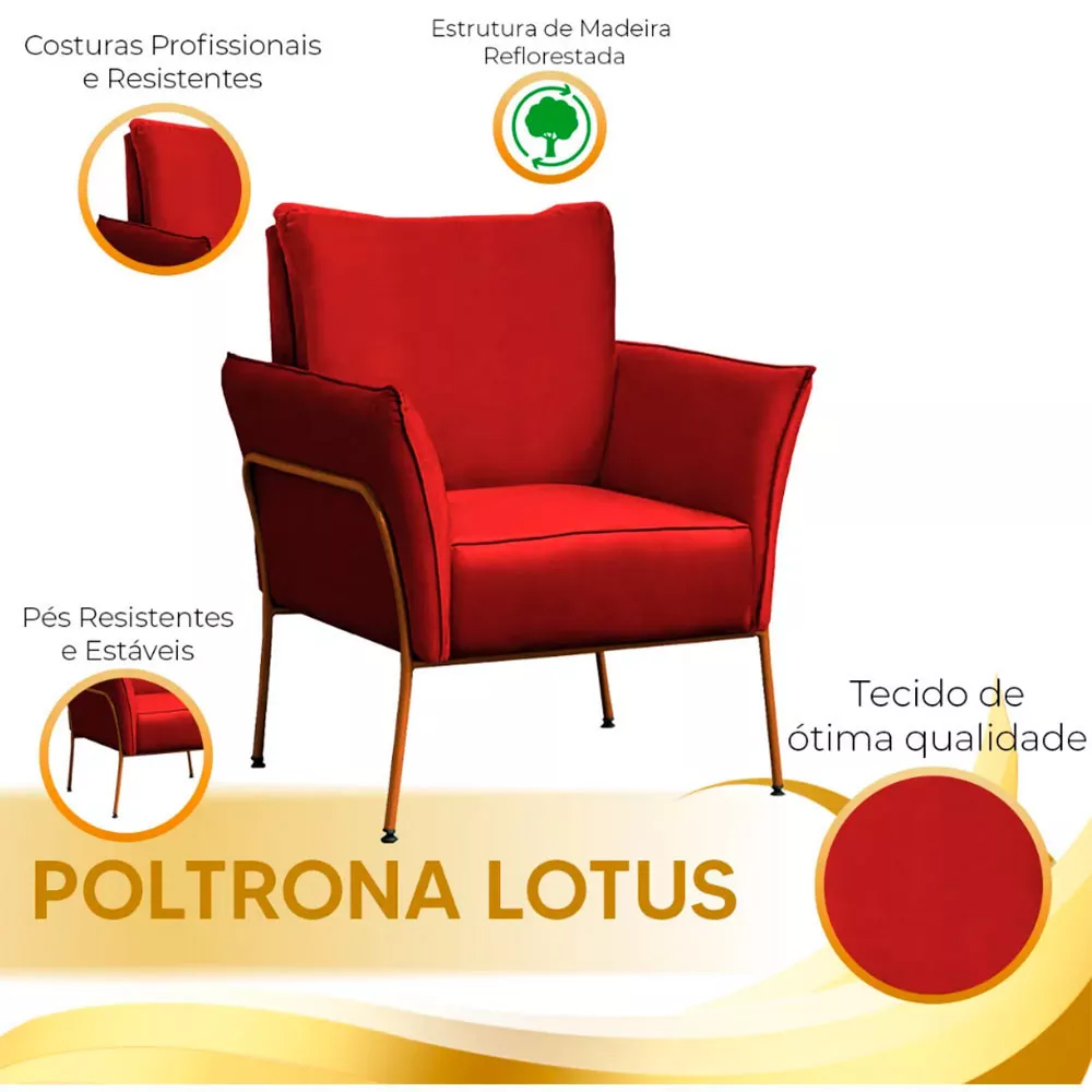 Image 5 of 6 of Poltrona Decorativa para Sala Recepção Lotus Suede Vermelho com Base Bronze Speciale Home