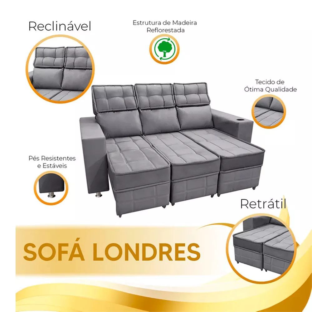 Image 6 of 7 of Sofá Retrátil e Reclinável 3 lugares Londres 2.10cm com Molas Suede Speciale Home