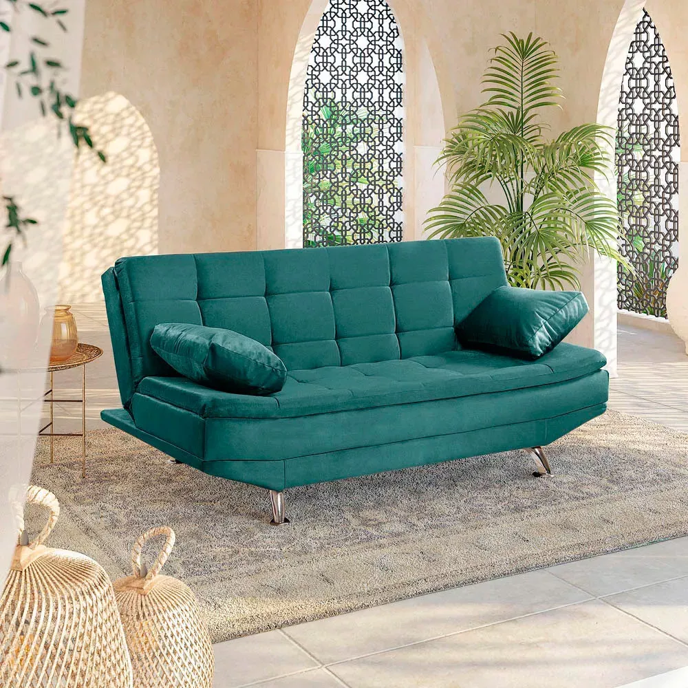 Image 1 of 7 of Sofá Cama Valencia 3 Lugares Reclinável Veludo Turquesa Speciale Home