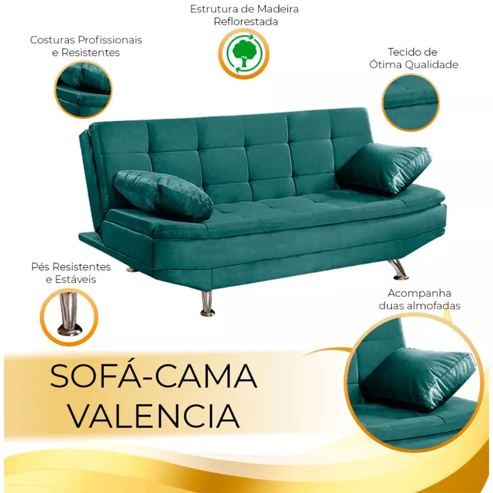 Image 6 of 7 of Sofá Cama Valencia 3 Lugares Reclinável Veludo Turquesa Speciale Home