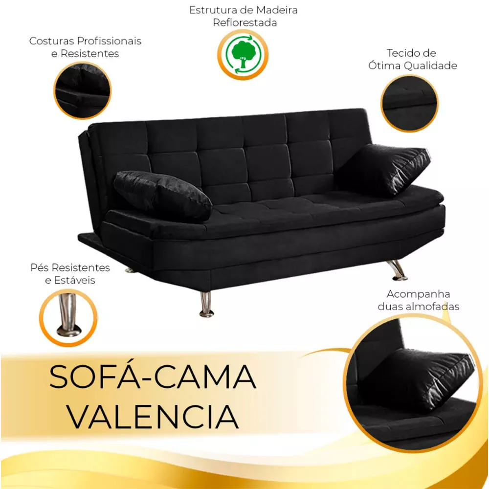 Image 6 of 7 of Sofá Cama Valencia 3 Lugares Reclinável Material Sintético Preto Speciale Home