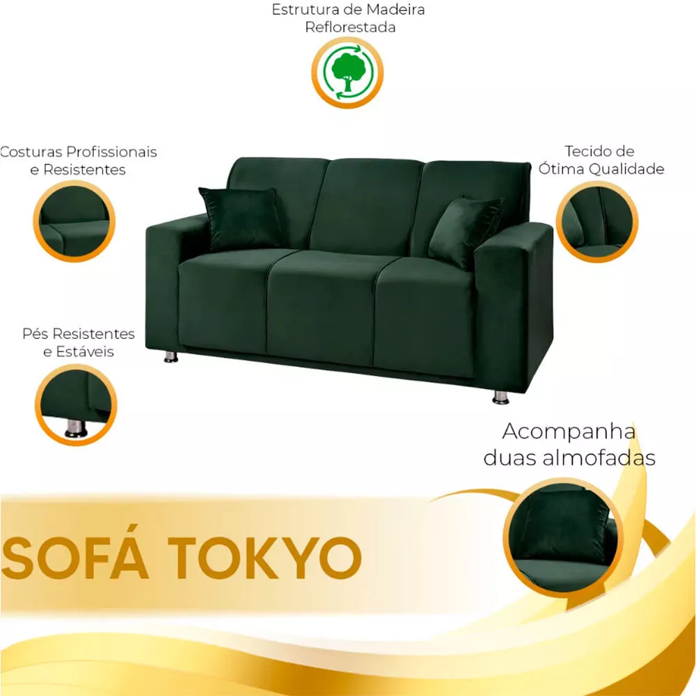 Image 6 of 7 of Sofá 3 Lugares Fixo Tokyo Veludo Verde Speciale Home
