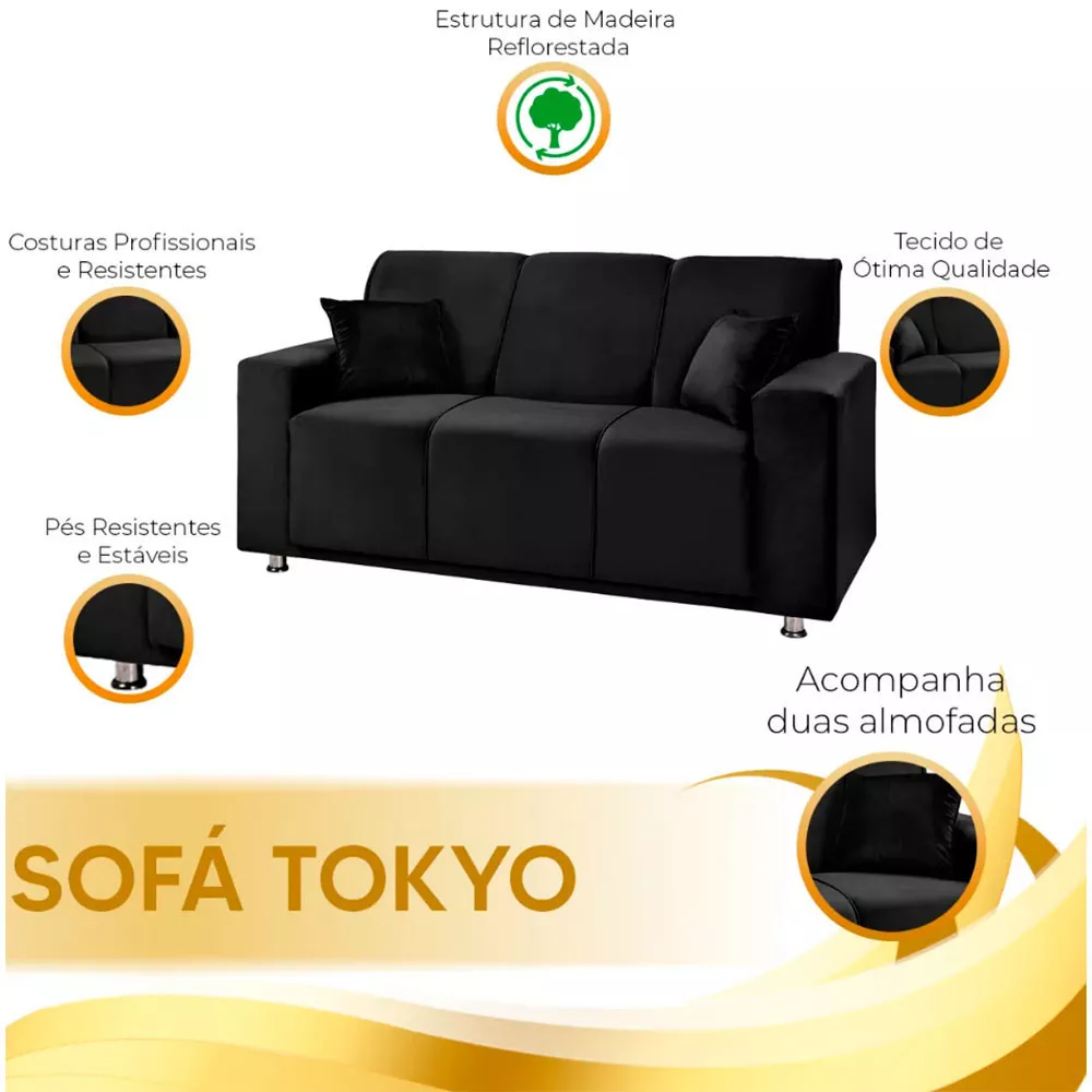 Image 6 of 7 of Sofá 3 Lugares Fixo Tokyo Veludo Preto Speciale Home