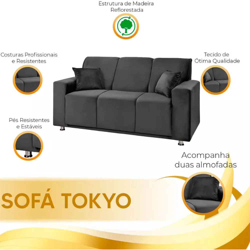 Image 6 of 7 of Sofá 3 Lugares Fixo Tokyo Veludo Cinza Chumbo Speciale Home