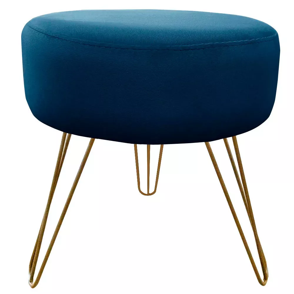 Image 0 of 6 of Puff Decorativos Sala Quarto Tunísia Veludo Azul Base Dourado Speciale Home