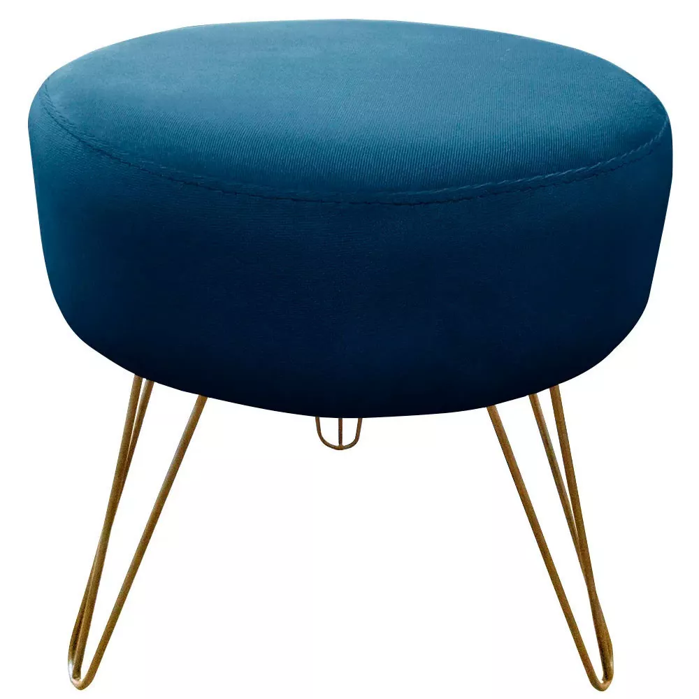 Image 2 of 6 of Puff Decorativos Sala Quarto Tunísia Veludo Azul Base Dourado Speciale Home