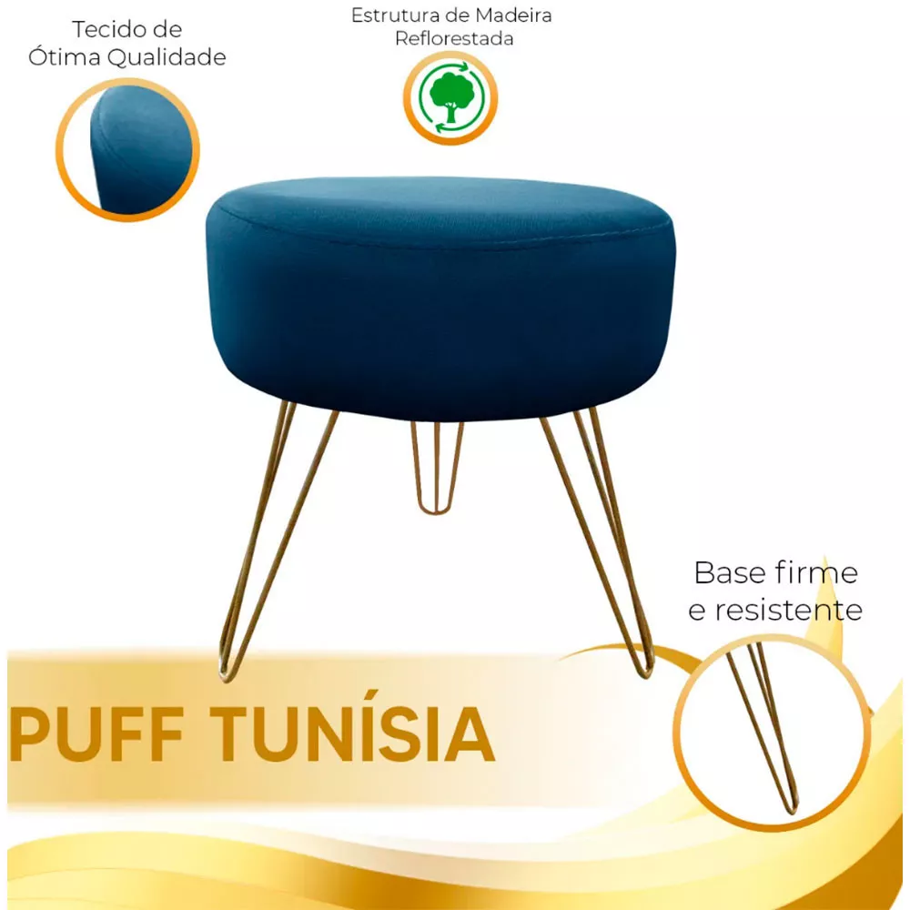 Image 5 of 6 of Puff Decorativos Sala Quarto Tunísia Veludo Azul Base Dourado Speciale Home