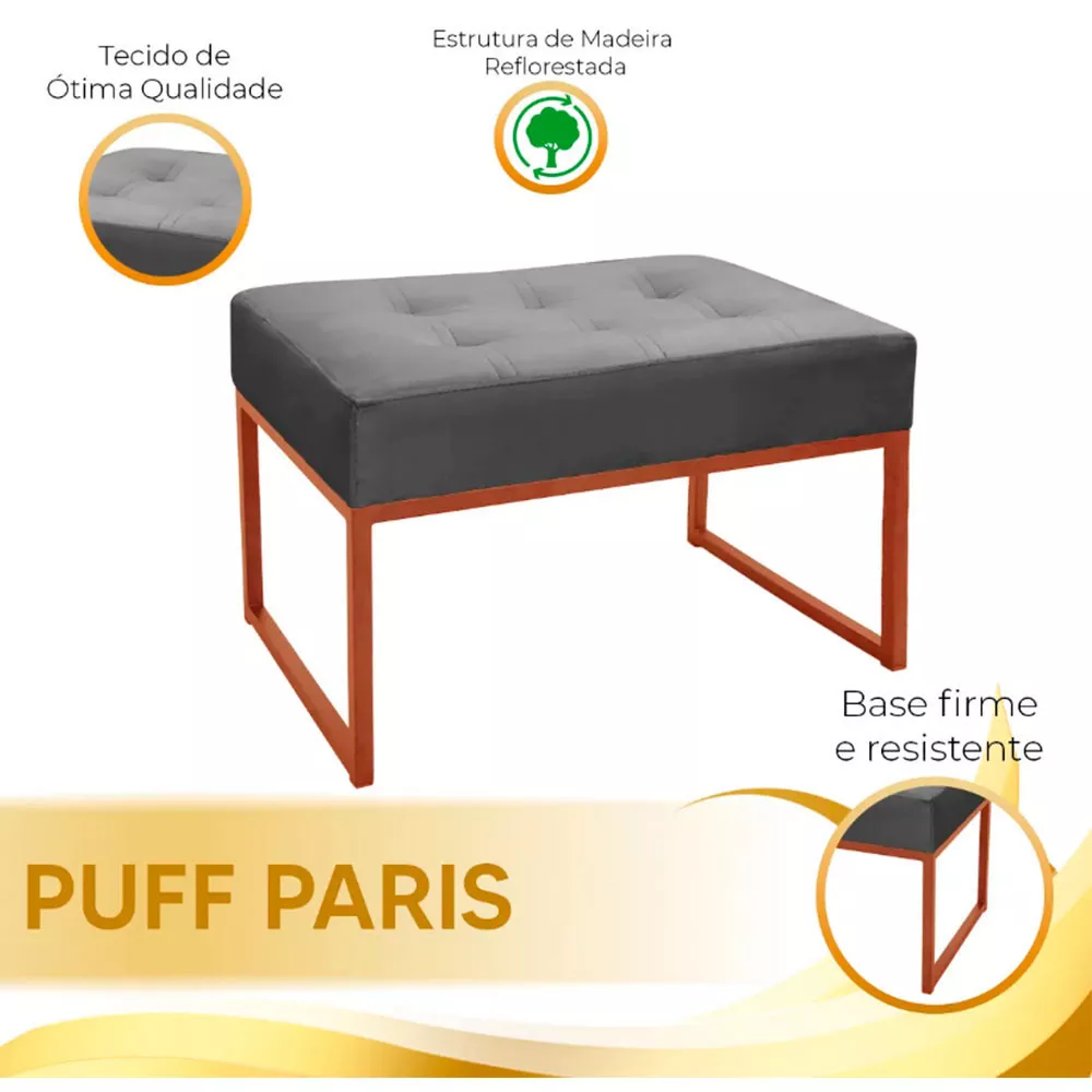 Image 5 of 6 of Puff Decorativo Para Sala e Quarto Paris Veludo Cinza Base Bronze Speciale Home