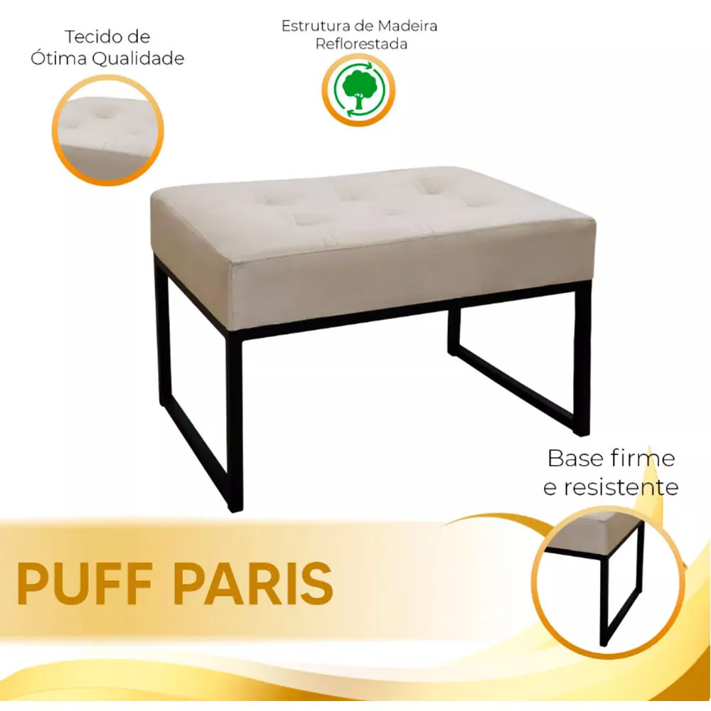 Image 5 of 6 of Puff Decorativo Para Sala e Quarto Paris Veludo Bege Base Preta Speciale Home