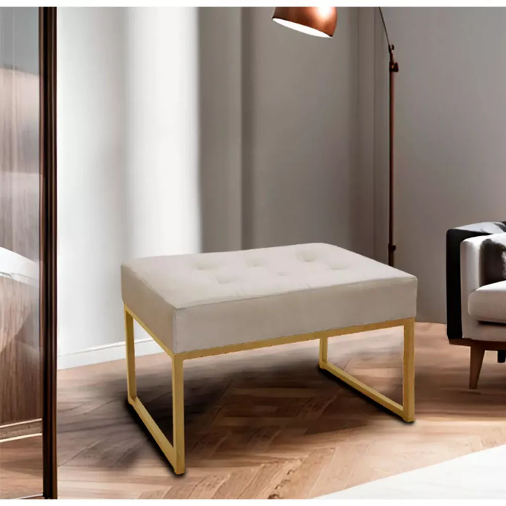 Image 1 of 6 of Puff Decorativo Para Sala e Quarto Paris Veludo Bege Base Dourado Speciale Home