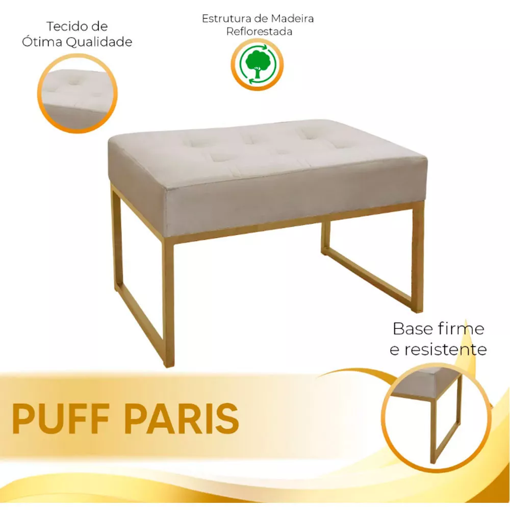 Image 5 of 6 of Puff Decorativo Para Sala e Quarto Paris Veludo Bege Base Dourado Speciale Home