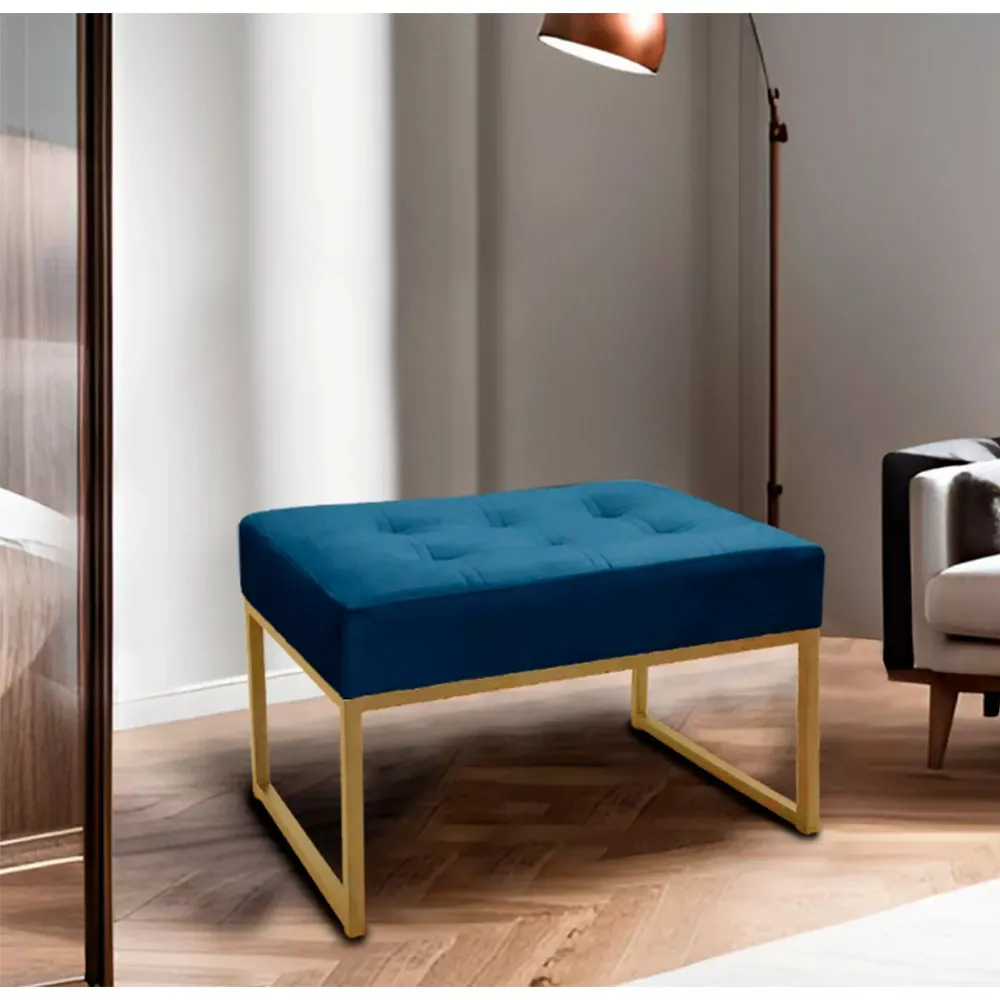 Image 1 of 6 of Puff Decorativo Para Sala e Quarto Paris Veludo Azul Base Dourado Speciale Home
