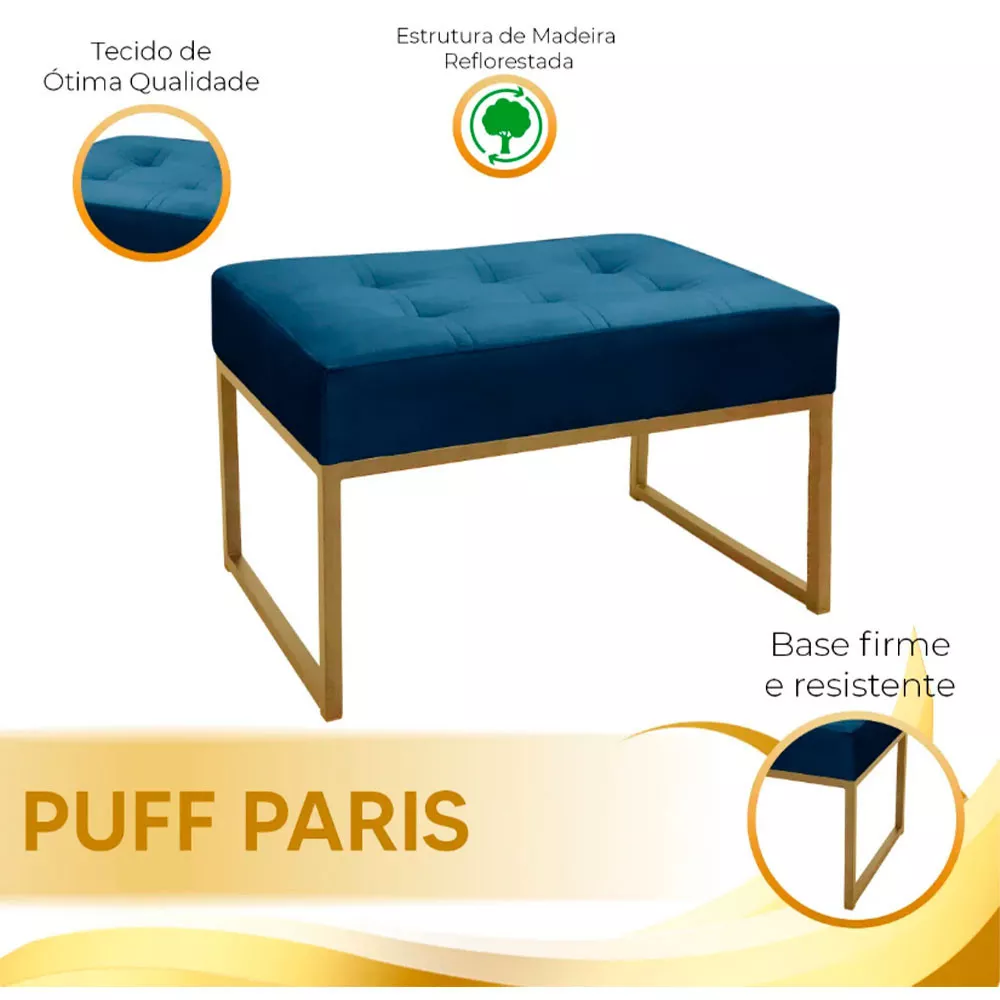 Image 5 of 6 of Puff Decorativo Para Sala e Quarto Paris Veludo Azul Base Dourado Speciale Home
