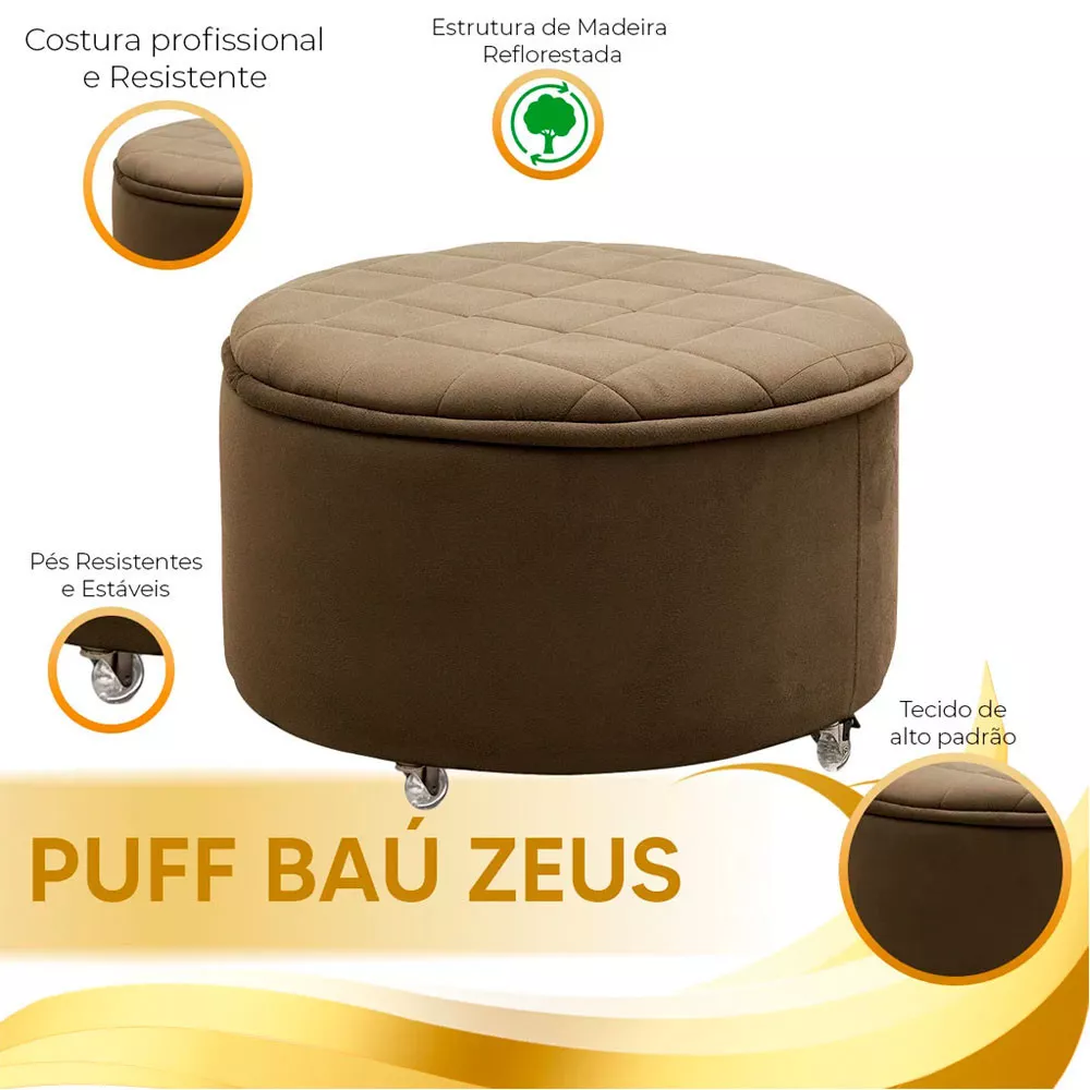 Image 4 of 5 of Puff Baú Sapateira Zeus 70x70 Com Rodízio Sued Marrom Castor Speciale Home