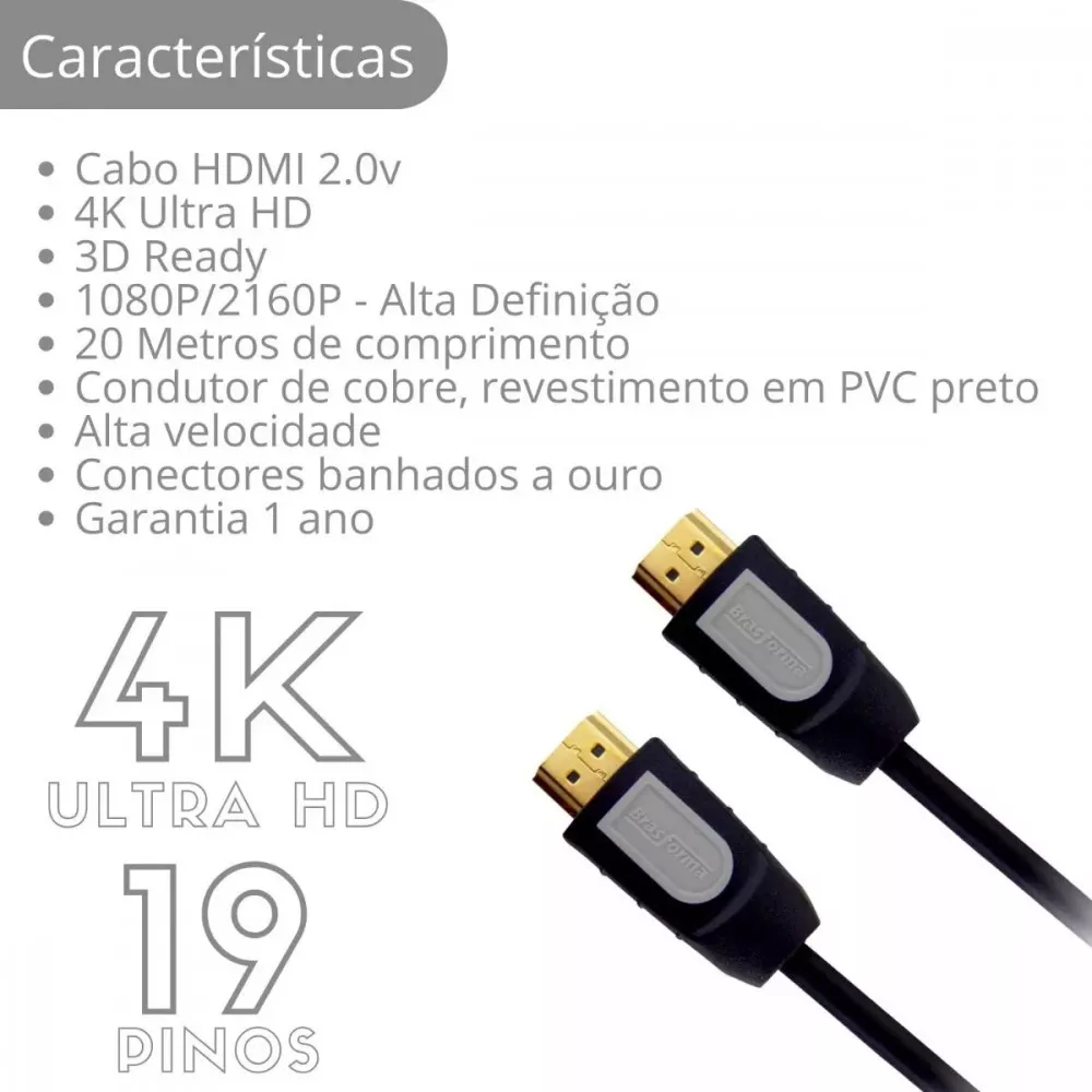 Image 1 of 2 of Cabo HDMI 20 metros V2.0 4K 30 Full HD - Brasforma