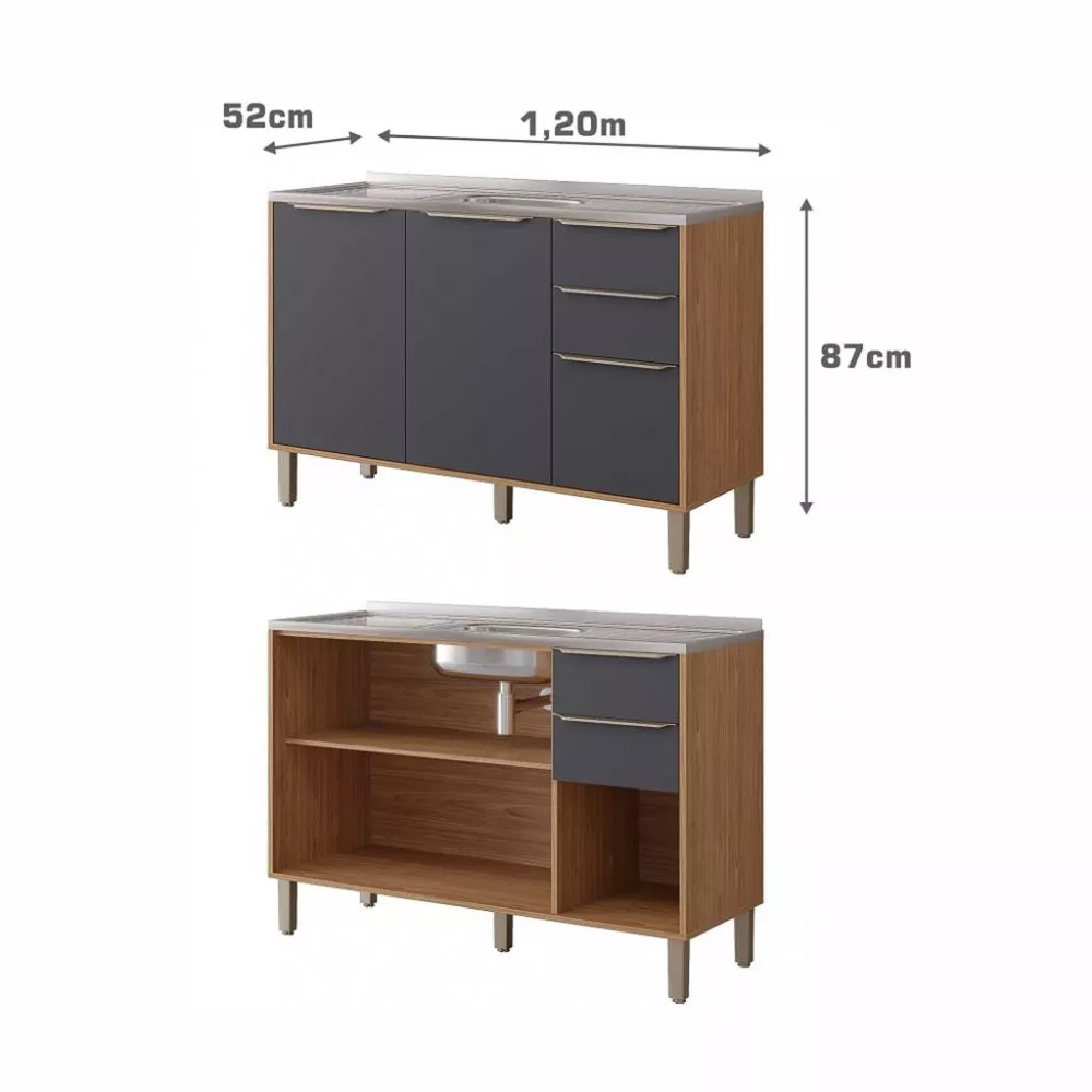 Image 1 of 2 of Balcão de Pia 3 Portas 2 Gavetas 120cm sem Pia 100 MDF Diva MGM Móveis