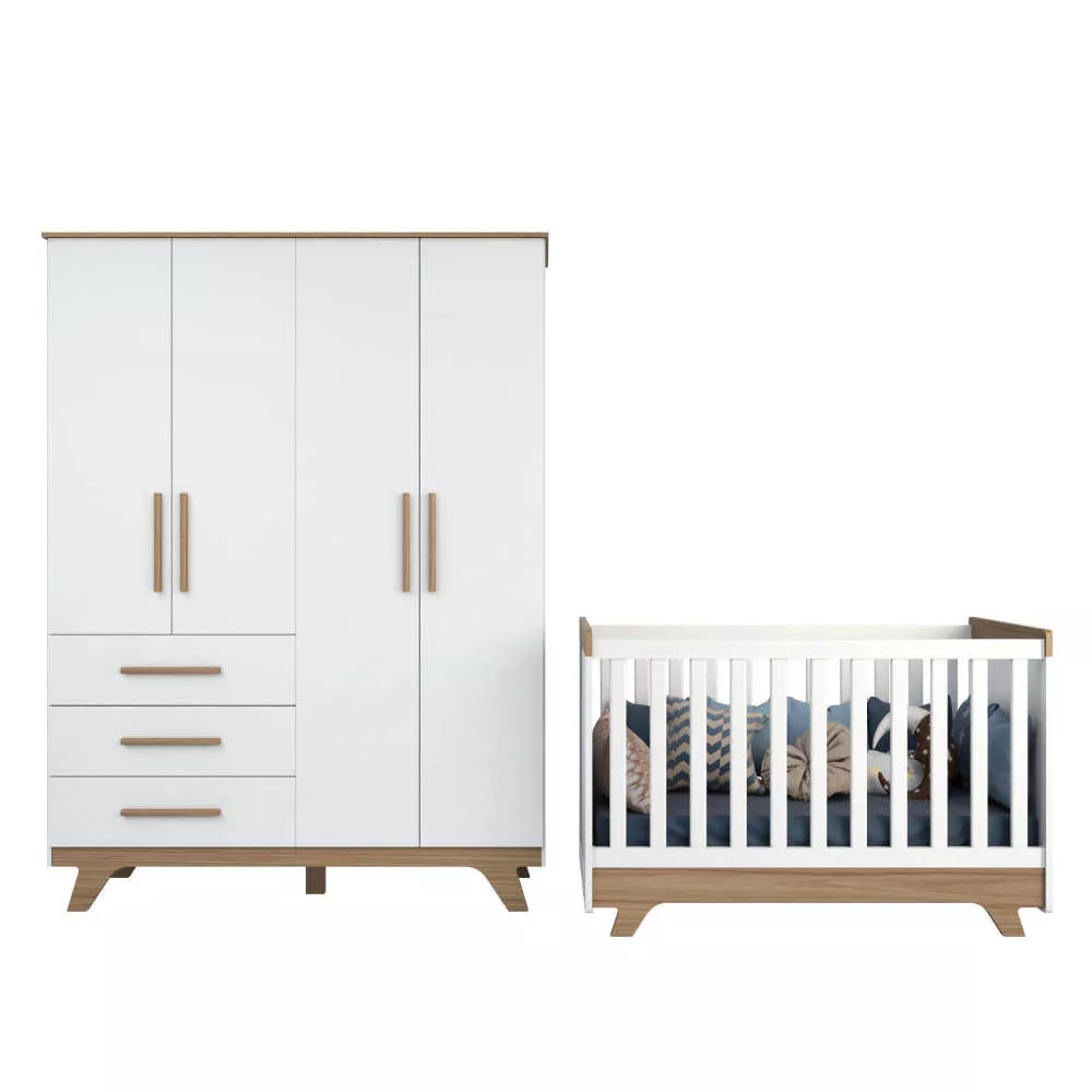 Image 1 of 7 of Quarto de Bebê Berço Mini Cama E Guarda-Roupa 4 Portas Retrô Móveis Peroba