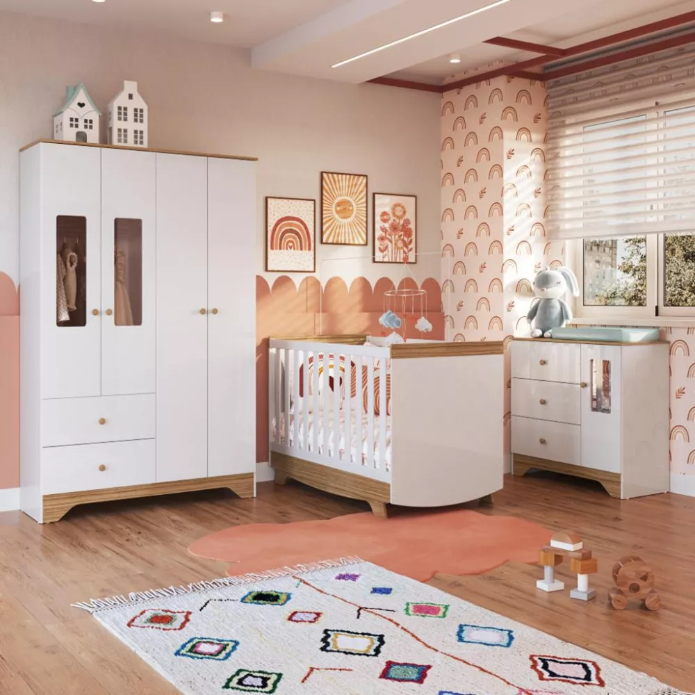 Image 0 of 5 of Quarto Infantil Guarda Roupa 4 Portas e Cômoda Ben e Berço Americano Móveis Peroba