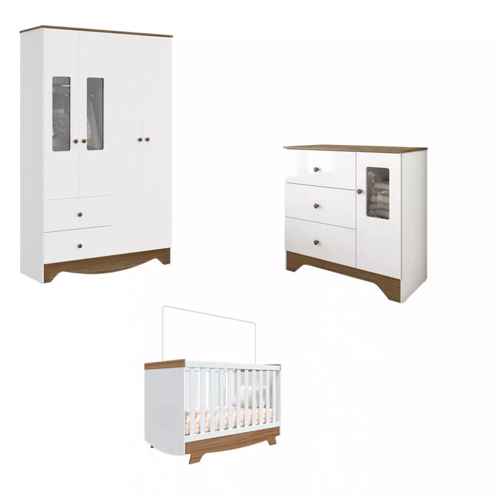Image 1 of 5 of Quarto Infantil Guarda Roupa 4 Portas e Cômoda Ben e Berço Americano Móveis Peroba