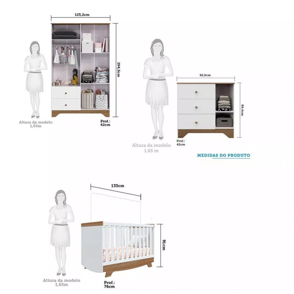 Image 2 of 5 of Quarto Infantil Guarda Roupa 4 Portas e Cômoda Ben e Berço Americano Móveis Peroba