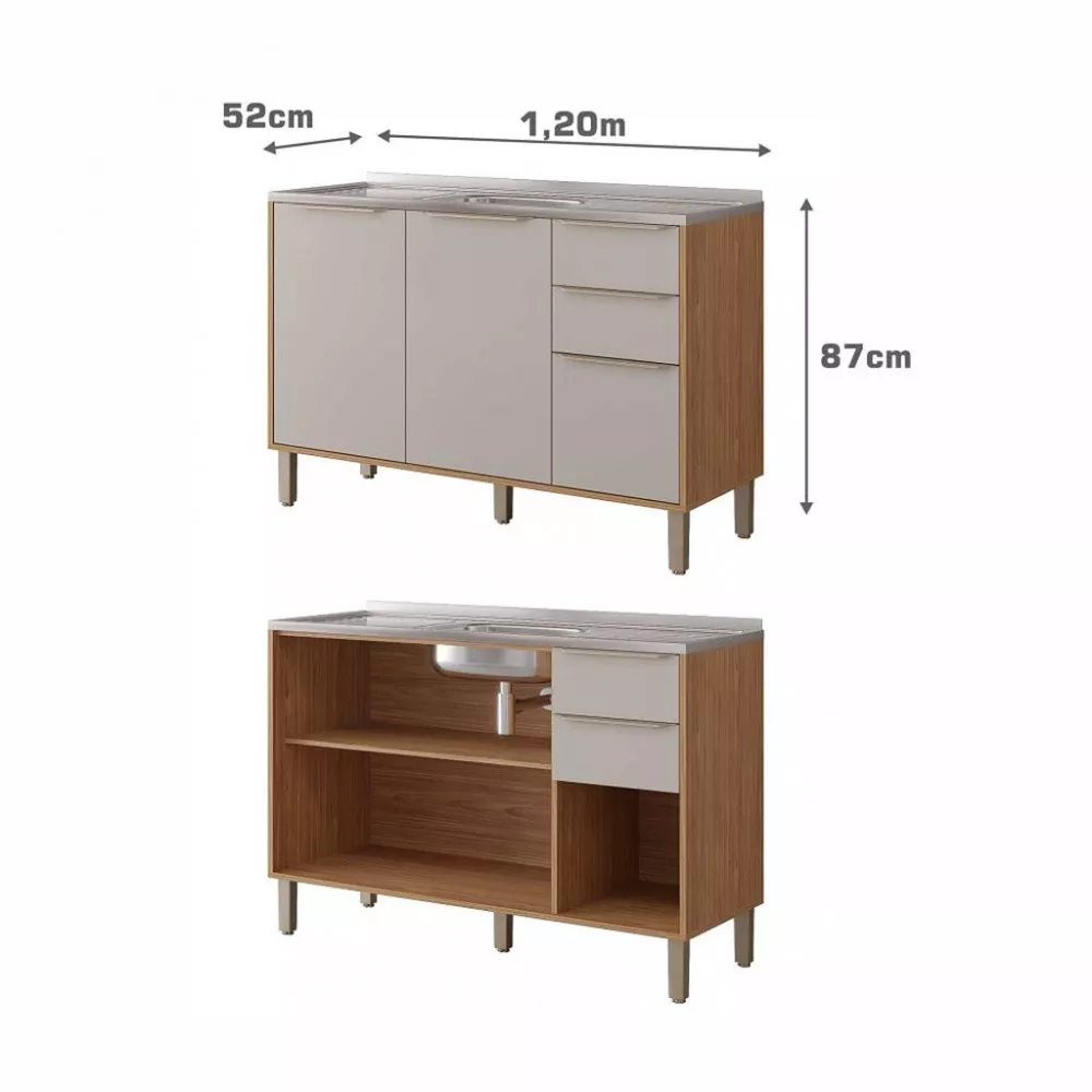 Image 1 of 2 of Balcão de Pia 3 Portas 2 Gavetas 120cm sem Pia 100 MDF Diva MGM Móveis